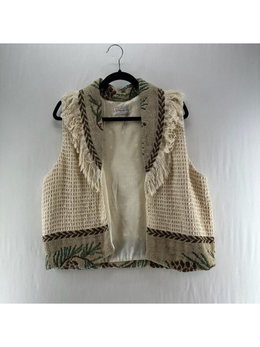 Vintage Jans Jems Tapestry Fringe Shawl Vest Size M/L Woven Lined Pinecone Cream